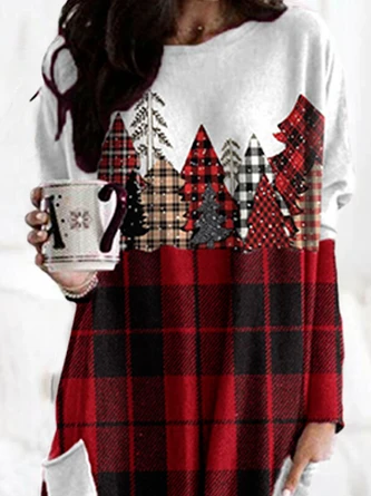 Christmas Classic Check Casual Crew Neck Knitting H-Line Short Dress - Image 2