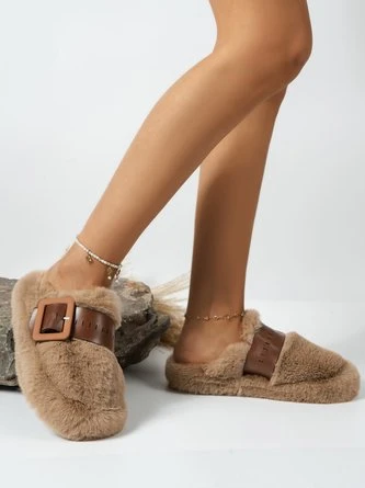 Color Block Buckle Warmth Fluffy Toe-covered Slippers - Image 5