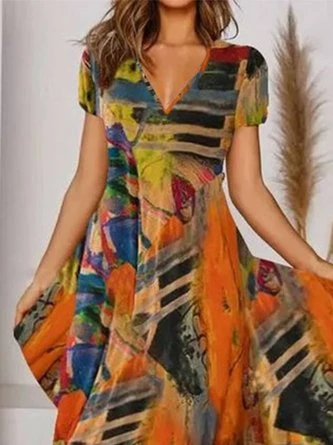 Boho Printed V Neck Floral Weaving Dress - Image 3