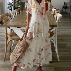 Casual Floral V Neck Short Sleeve Woven Dress