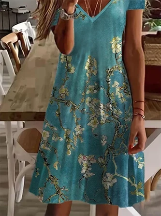 Casual Floral V Neck Short Sleeve Knit Dress - Image 2