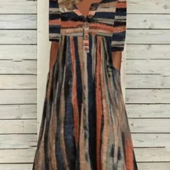 Women Striped Casual Autumn Natural Lightweight Daily Polyester Fibre A-Line Regular Size Dress