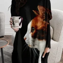 Casual Cat Crew Neck Loose Dress