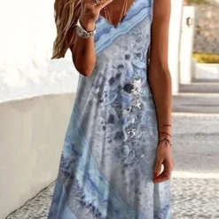 Vacation Abstract Sea Printed Loosen Midi Dress
