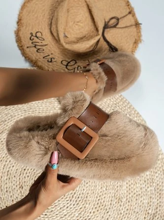 Color Block Buckle Warmth Fluffy Toe-covered Slippers - Image 9