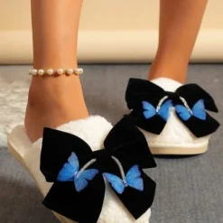 Casual Butterfly Bowknot Fleece Toe-covered Slippers