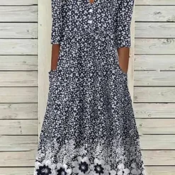 Casual Floral Woven Notched Neckline Maxi Dress