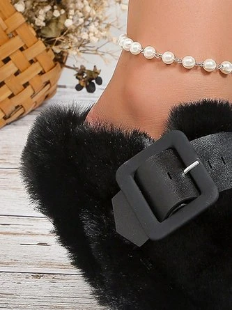 Color Block Buckle Warmth Fluffy Toe-covered Slippers - Image 18