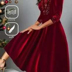Plus Size Velvet Casual Loose Christmas Holiday A-Line Long Sleeve Maxi Dress