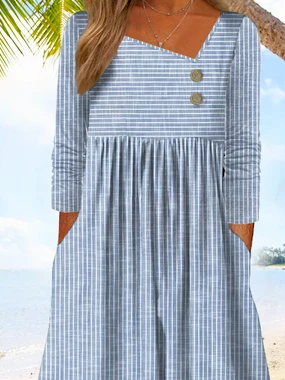 Striped Jersey Casual Asymmetrical Loose A-Line Long Sleeve T-Shirt Dress - Image 5