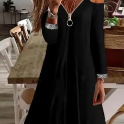 Casual Long Sleeve V Neck Tunic Dress