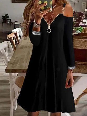Casual Long Sleeve V Neck Tunic Dress