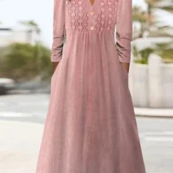 Plain Loose Lace V Neck H-Line Casual Long Sleeve Midi Dress