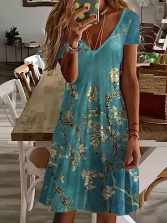 Casual Floral V Neck Short Sleeve Knit Dress