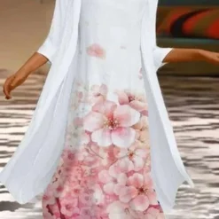 Floral Printed Round Neck Casual Three Quarter Dress With Coat Two-Piece Set
