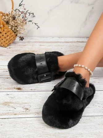 Color Block Buckle Warmth Fluffy Toe-covered Slippers - Image 17