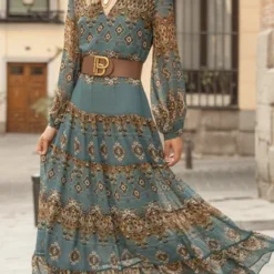 V Neck Chiffon Vacation Ethnic Dress