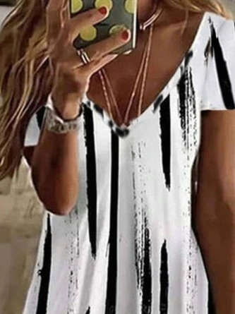 Striped V Neck Casual Short Sleeve Dress - Image 2