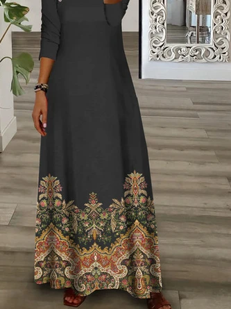 Buckle Ethnic Printed Asymmetrical Collar Casual Dress - Image 3