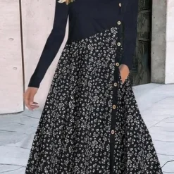 Buttoned Loose Floral Daily Casual Jersey Crew Neck A-Line Long Sleeve T-Shirt Dress