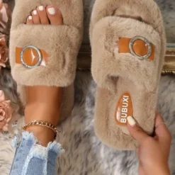 Casual Color Block Buckle Comfy Fluffy Slippers