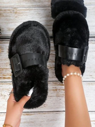 Color Block Buckle Warmth Fluffy Toe-covered Slippers - Image 14