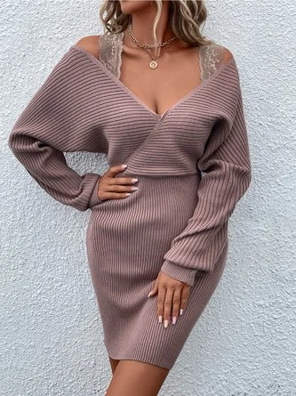 Casual Lace Long Sleeve V Neck Dress - Image 3