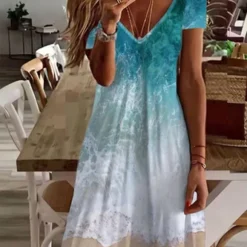 Casual Painted V Neck Short Sleeve Dress
