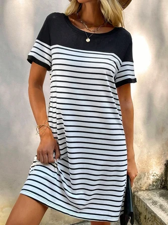 Loose Casual Crew Neck Striped T-Shirt Dress - Image 3