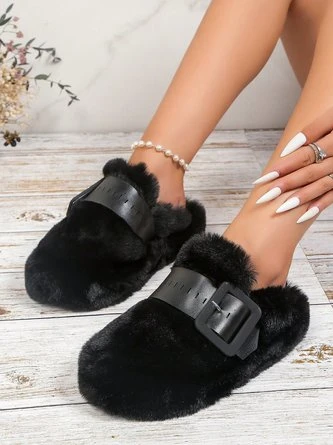 Color Block Buckle Warmth Fluffy Toe-covered Slippers - Image 13