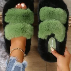 Casual Color Block Double Strap Fluffy Slippers
