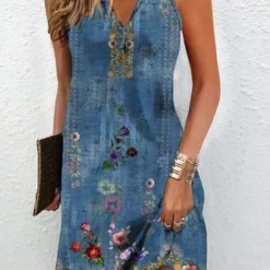 Casual Loose Ethnic Floral Printed Sleeveless Short Dress With Buttoned Design