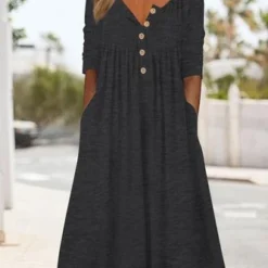 Cotton Mixed Plain Button Simple Midi Dress