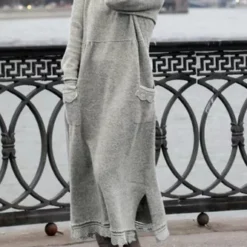 Zolucky Gray Crew Neck Cotton Casual Knitting Dress