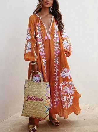 Zolucky Women Printed Boho Casual Dress V Neck Holiday Maxi Dress - Image 4