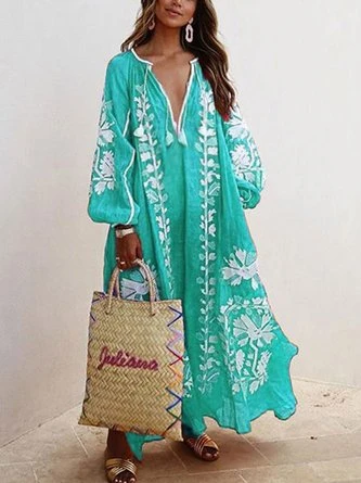 Zolucky Women Printed Boho Casual Dress V Neck Holiday Maxi Dress - Image 7