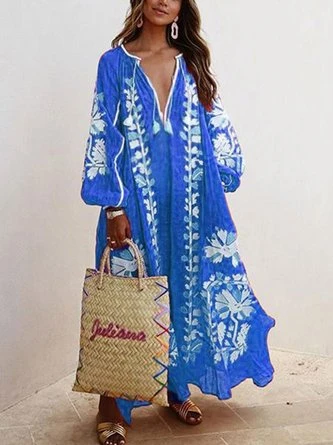 Zolucky Women Printed Boho Casual Dress V Neck Holiday Maxi Dress - Image 5