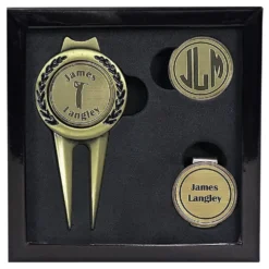 Deluxe Personalized Divot Tool / Hat Clip Golf Ball Marker Set - Brass